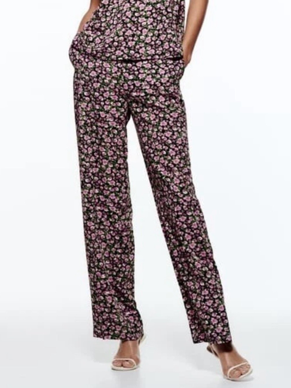 Zara Floral Print Wide Leg Pant Size Small Black Pink Green